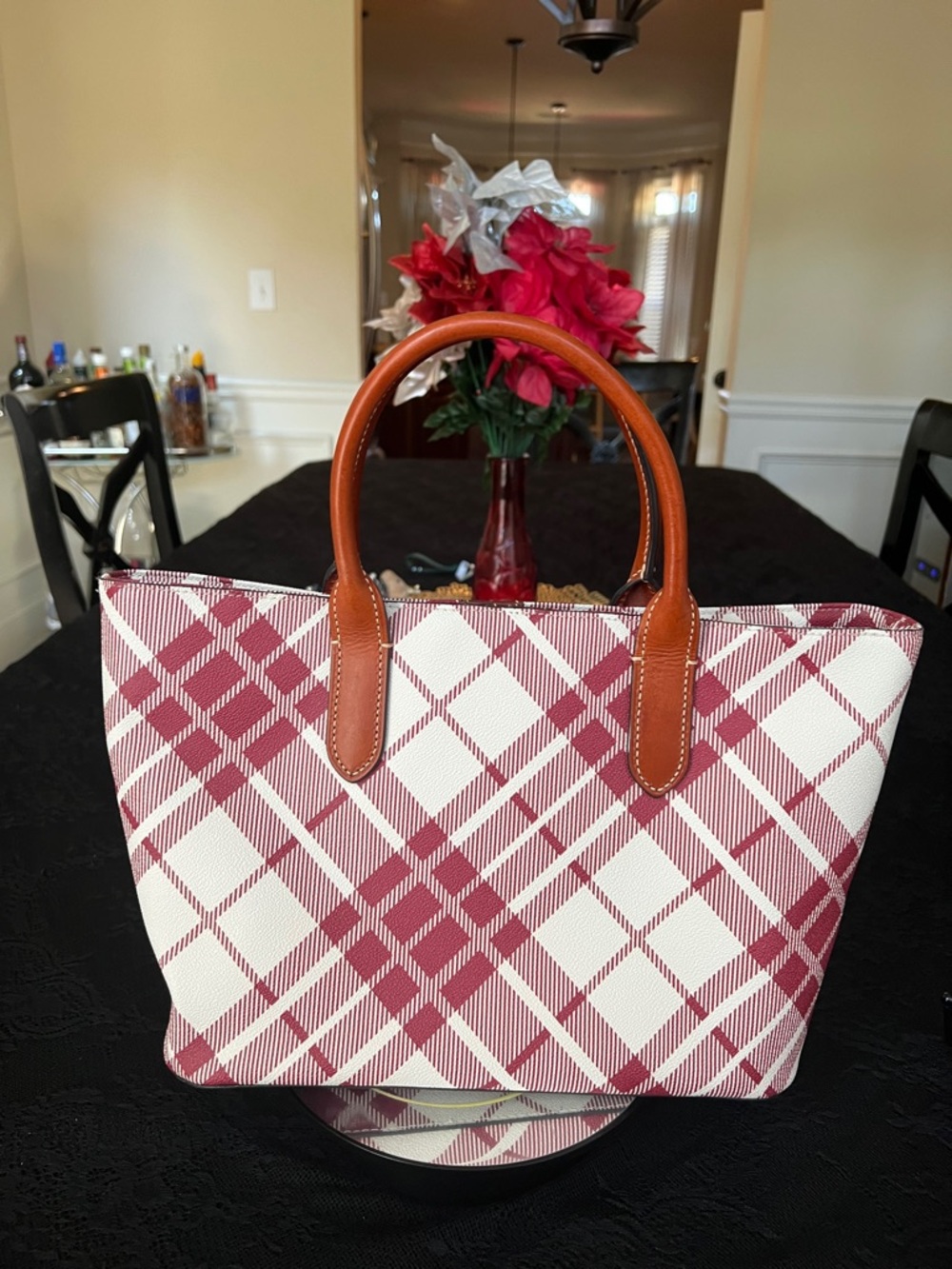 Dooney & Bourke Red Plaid Tote with Tan Leather Handles And Cross Body Straps - Picture 3 of 5
